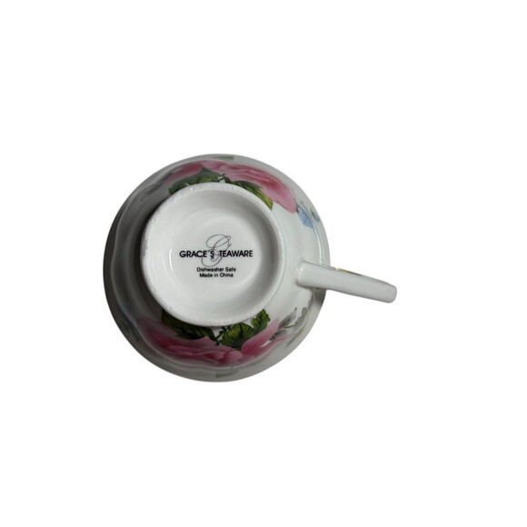 Grace's Teaware Pink Rose Blue Floral Tea Cup & Saucer Gold Trim Scalloped Edge - Picture 8 of 10